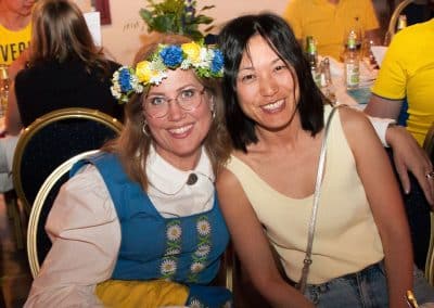 Even the teachers come to the parties! Teachers Frida and Sofia at the Farewell Dinner themed "Typically Swedish"