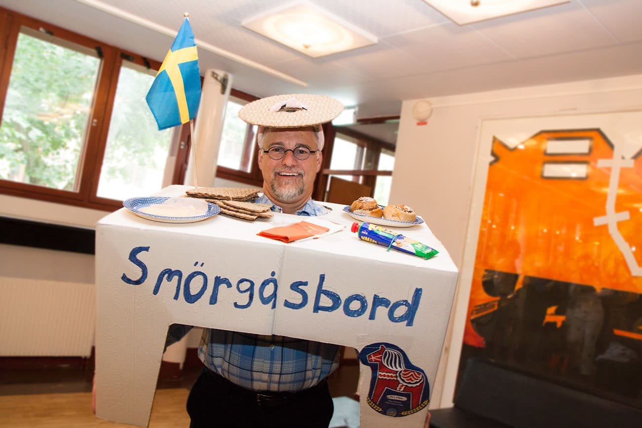 Student dressed up as a traditional Swedish "smörgåsbord" for the Farewell Dinner themed "Typically Swedish"